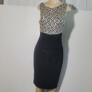 Ralph Lauren Evening Sequin Ruched Dress Size 14 Black White Geometric